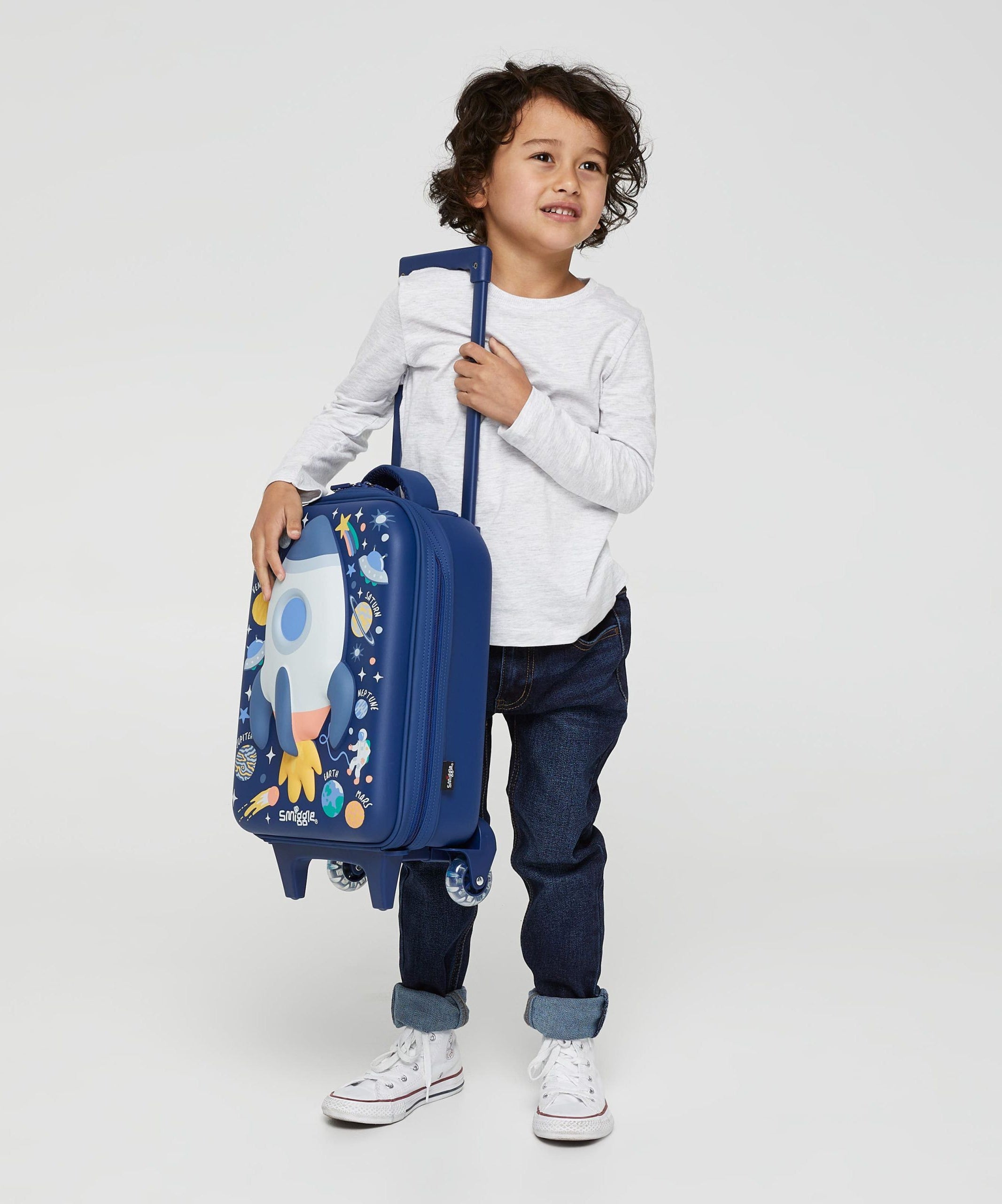 Smiggle - Sky Hi Junior Çekçekli Tekerlekleri Işıklı Çocuk Valizi-Dinossi