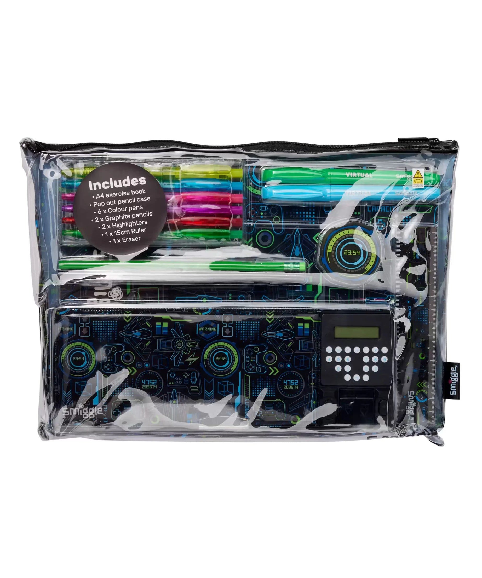 Smiggle - Pop Out Oyun Tutkunu Hesap Makineli Otomatik Kalem Kutusu ve Kırtasiye Seti-Dinossi