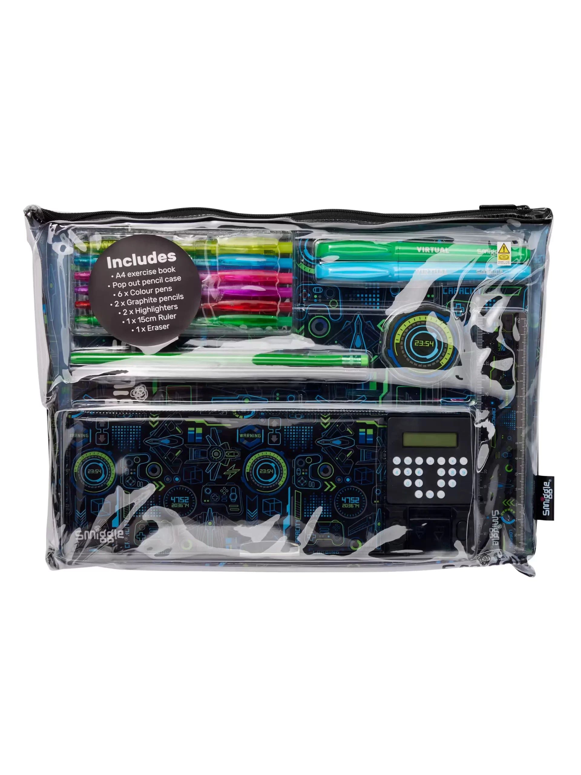 Smiggle - Pop Out Oyun Tutkunu Hesap Makineli Otomatik Kalem Kutusu ve Kırtasiye Seti-Dinossi